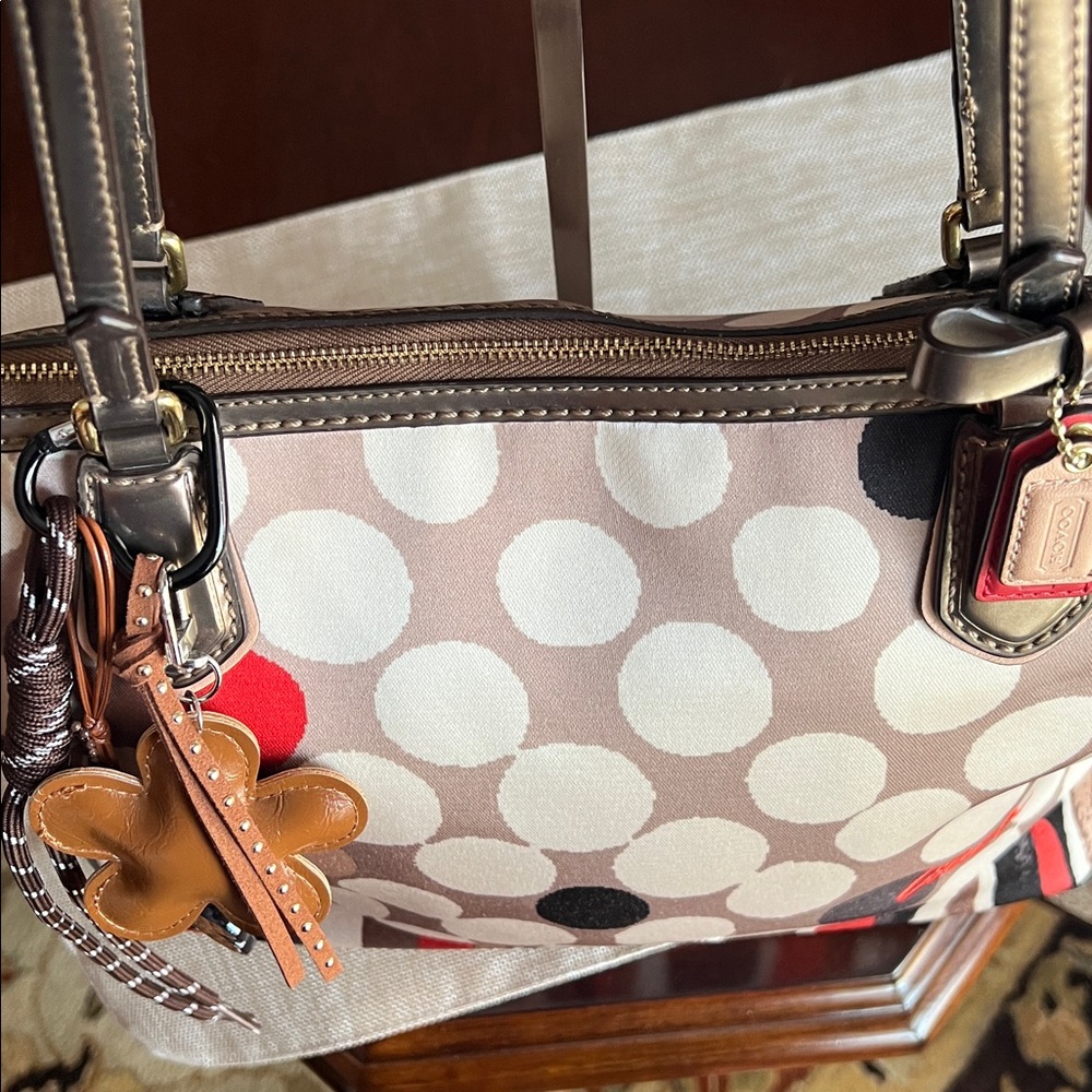 Coach Cream and Red Polka Dot Canvas Tote with Tan Leather Trim GUC 2 Tags - Picture 6 of 17